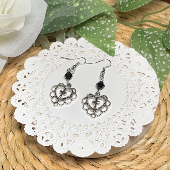 Graceful Filigree Heart Silver Cross Dangle Earrings - Picture 4 of 10